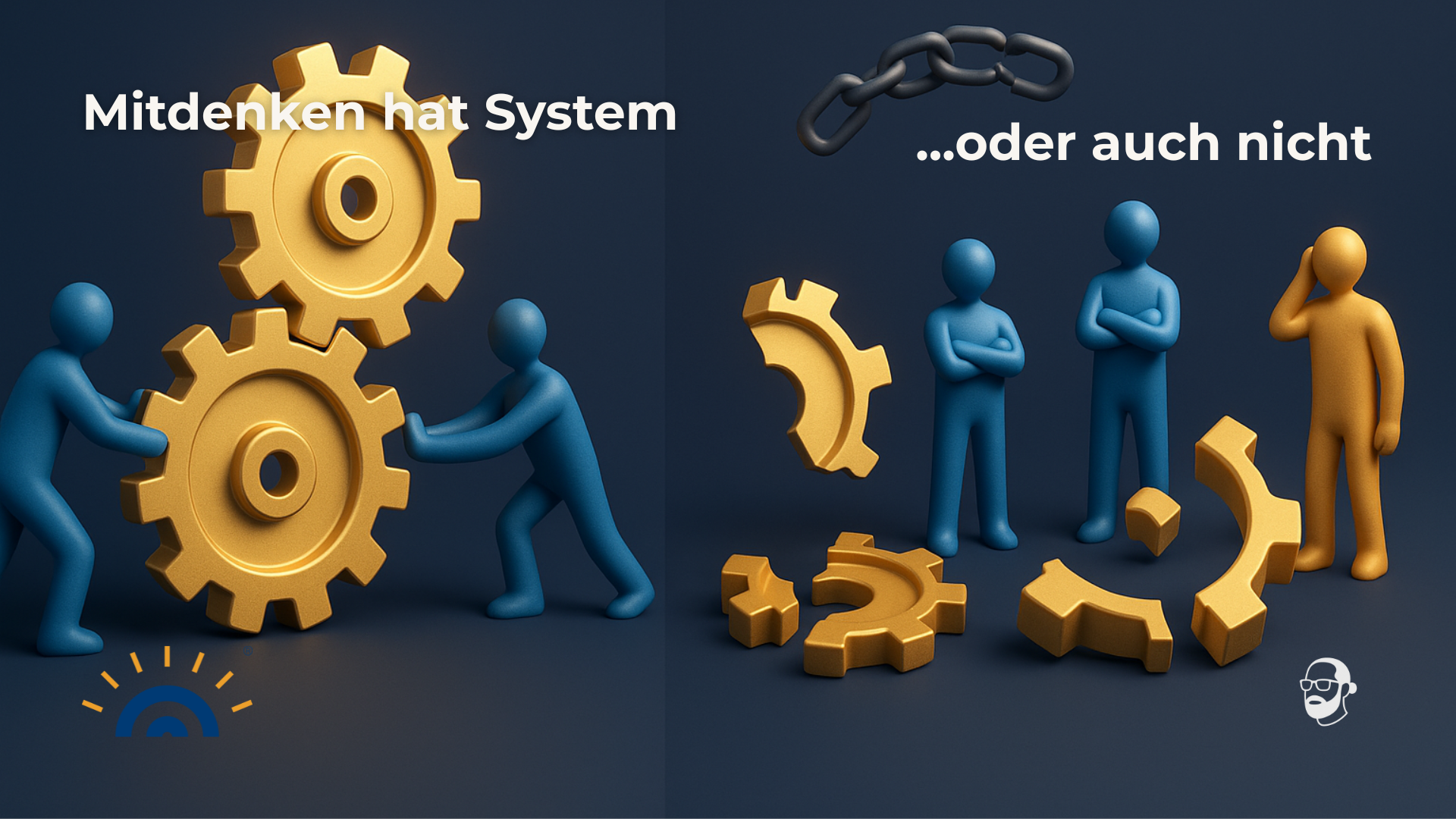 Zwei Szenen im Vergleich: Links greifen blaue Figuren ineinandergreifende Zahnräder – das System funktioniert. Rechts stehen ratlose Figuren um kaputte Zahnräder – das System ist unterbrochen.