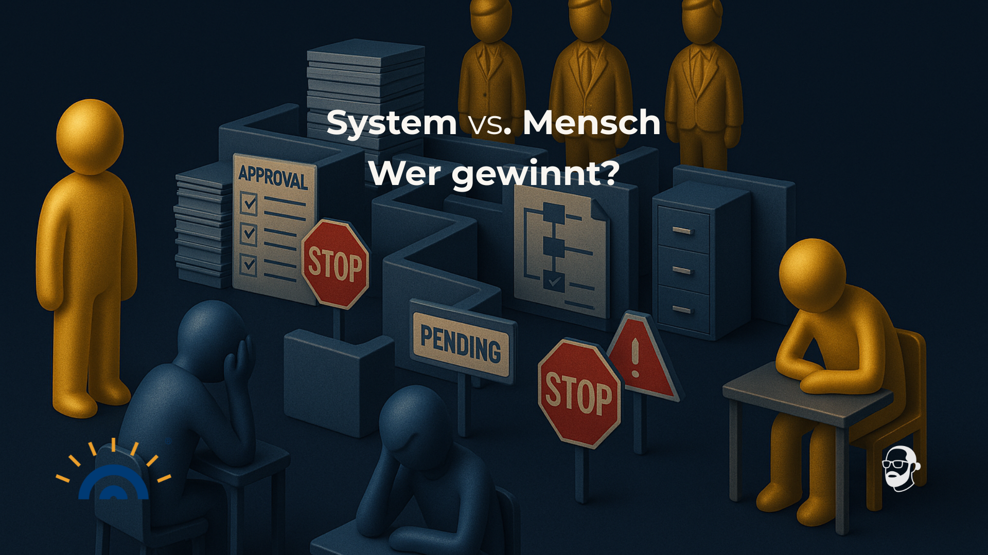 Symbolische Darstellung von Bürokratie vs. Mensch mit 3D-Figuren, Akten und Stoppschildern