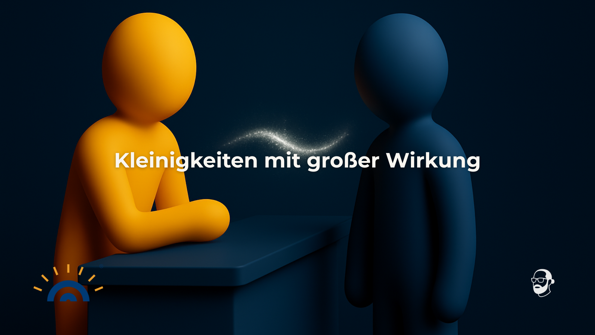 Zwei stilisierte 3D‑Figuren in Goldgelb und Dunkelblau sitzen sich an einem Tisch gegenüber. Zwischen ihnen schwebt ein feiner, funkelnder Impuls als Symbol für Kommunikation. Zentral der Schriftzug „Kleinigkeiten mit großer Wirkung“. Unten links das Logo von Augner Seminare, unten rechts das persönliche Signet von Michael Augner.