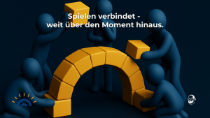 Abstrakte 3D-Illustration: Fünf dunkelblaue Figuren bauen gemeinsam eine Brücke aus goldenen Bausteinen. Symbol für Zusammenarbeit, Vertrauen und die verbindende Wirkung von Spielen im Team.