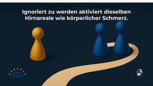 Eine goldene Spielfigur steht allein auf der linken Seite, während rechts zwei blaue Spielfiguren gemeinsam auf einem goldenen Weg stehen. Die Szene symbolisiert soziale Ausgrenzung. Links unten befindet sich das Logo von Augner Seminare, rechts unten das Signet von Michael Augner.