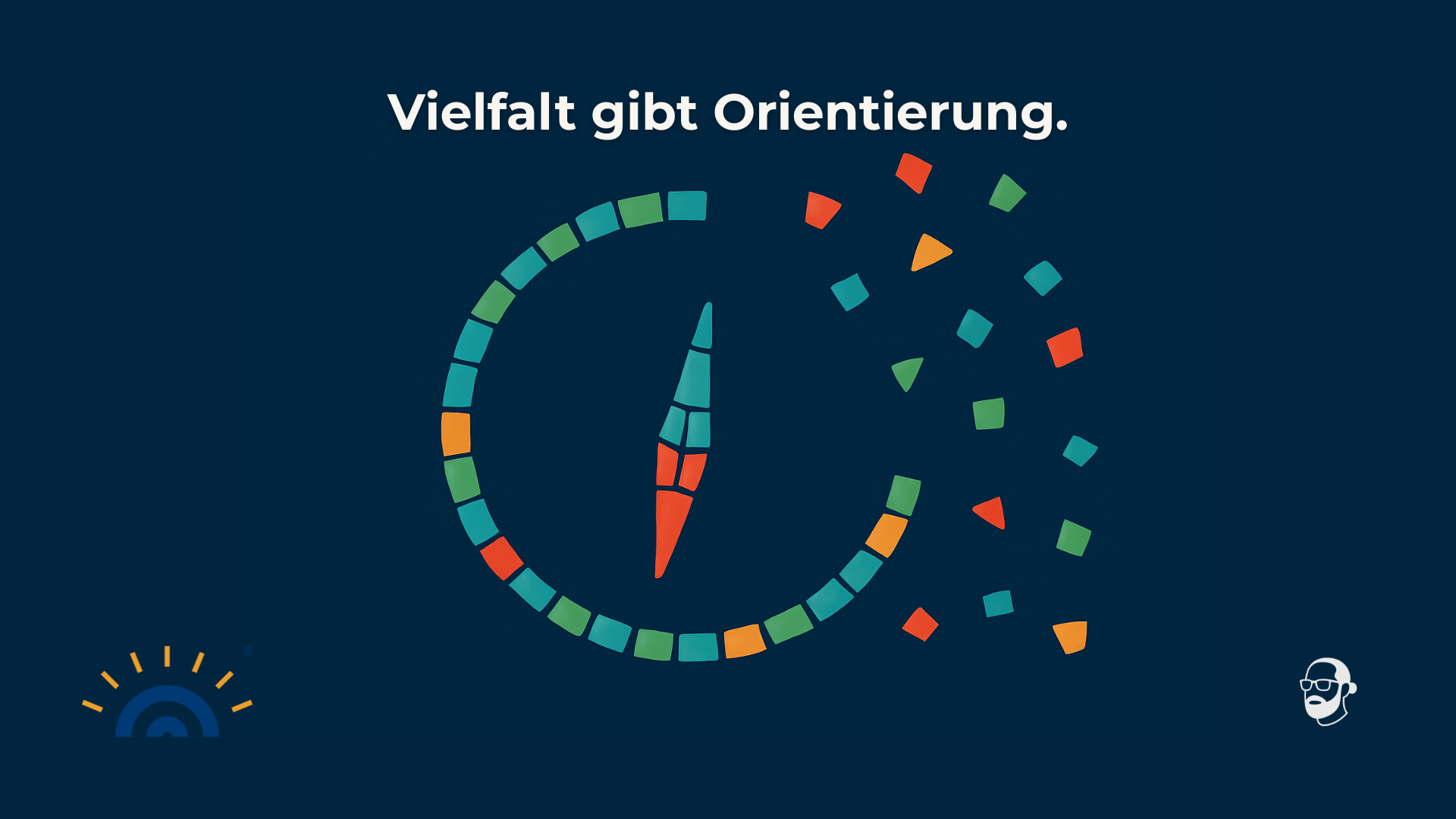 Visual im Mosaik-Stil: Aus bunten Einzelteilen entsteht ein unvollständiger Kompass auf dunkelblauem Hintergrund. Die Kompassnadel ist bereits zusammengesetzt, einige bunte Mosaiksteine liegen noch ungeordnet außerhalb des Kreises. Oben steht der Text: „Vielfalt gibt Orientierung.“