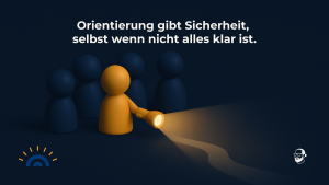 Bild zeigt mehrere stilisierte blaue Spielfiguren in einem dunklen Raum. Eine goldene Figur hält eine Taschenlampe und leuchtet einen Weg nach vorne aus. Symbol für Orientierung und Sicherheit in Zeiten des Wandels.