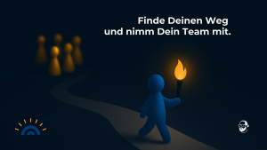 Eine stilisierte blaue Spielfigur mit Fackel geht auf einem hellen Weg voraus. Im Hintergrund stehen fünf goldene Spielfiguren im Dunkeln. Die Szene symbolisiert eine Führungskraft, die bereits weiter im Veränderungsprozess ist, während das Team noch Orientierung braucht. Die Fackel beleuchtet den Weg, zeigt aber zugleich die Distanz zwischen Führung und Team. Links unten ist das Augner-Seminare-Logo, rechts unten das Signet von Michael Augner.