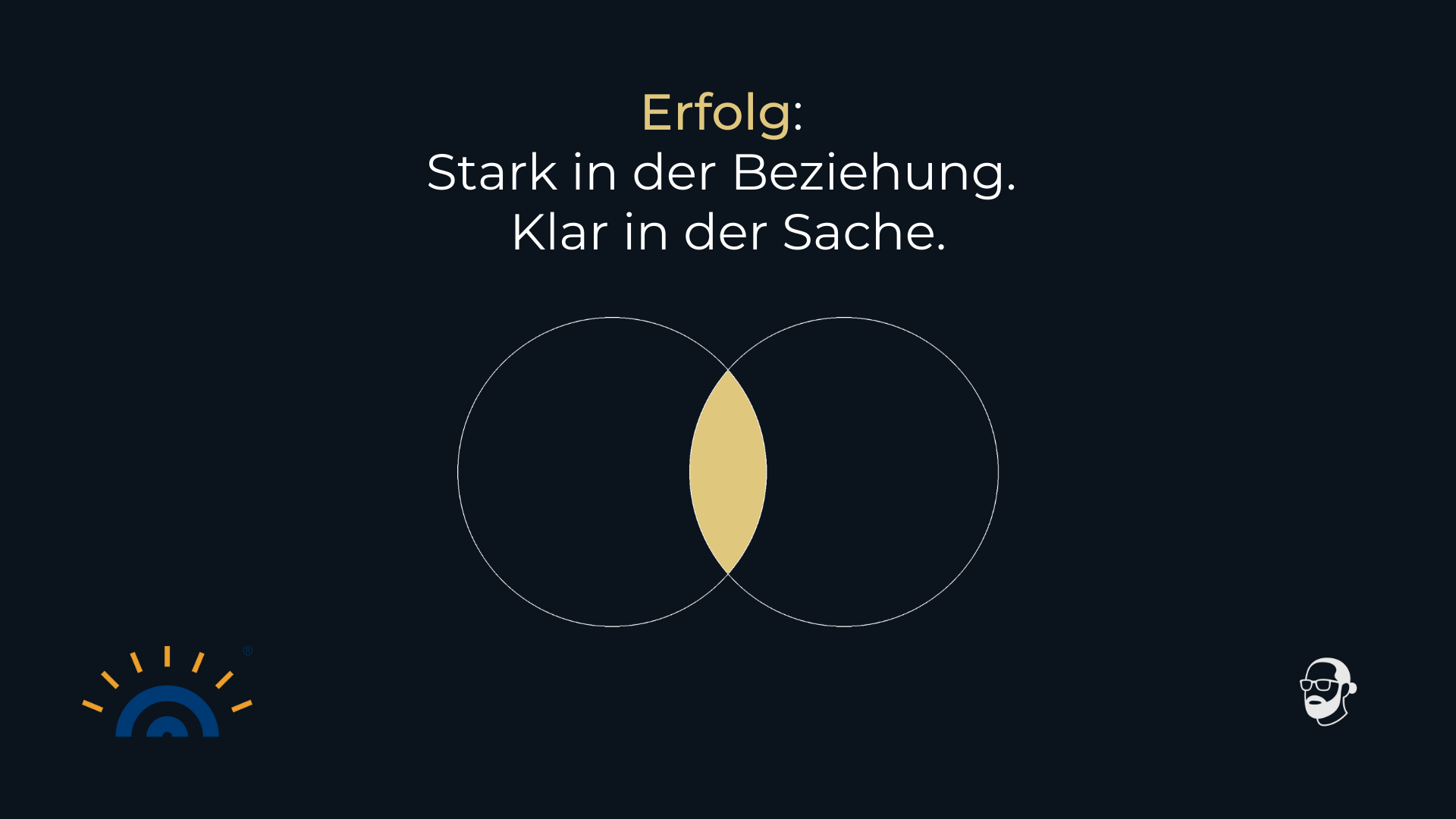Grafik mit zwei sich überschneidenden Kreisen. Die linke Seite steht für Beziehung, die rechte für Verbindlichkeit. Die goldene Schnittmenge in der Mitte symbolisiert gemeinsamen Erfolg. Logo Augner Seminare links unten, Signet Michael Augner rechts unten.