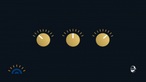 Grafik mit drei goldenen Drehreglern auf dunkelblauem Hintergrund. Über jedem Regler befindet sich eine halbkreisförmige Skala mit gleichmäßigen Markierungen im oberen Bereich. Die Regler sind unterschiedlich eingestellt. Unten links ist das Logo Augner Seminare zu sehen, unten rechts das Signet Michael Augner.