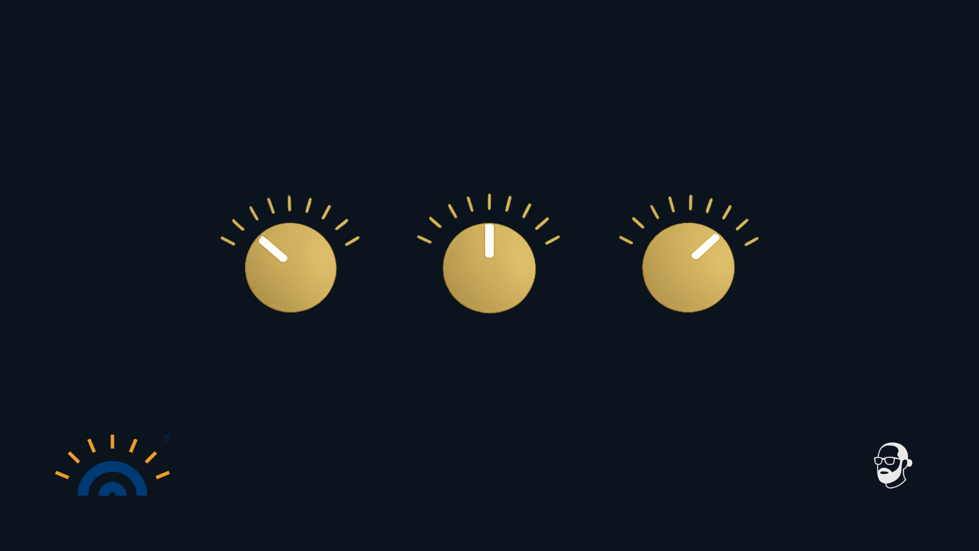Grafik mit drei goldenen Drehreglern auf dunkelblauem Hintergrund. Über jedem Regler befindet sich eine halbkreisförmige Skala mit gleichmäßigen Markierungen im oberen Bereich. Die Regler sind unterschiedlich eingestellt. Unten links ist das Logo Augner Seminare zu sehen, unten rechts das Signet Michael Augner.