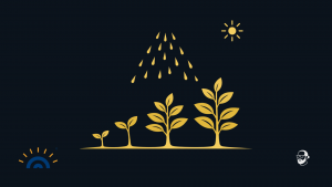 Vier stilisierte Pflanzen in Gold wachsen von links nach rechts in unterschiedlichen Entwicklungsstufen. Von oben fallen Wassertropfen auf die Pflanzen, rechts oben scheint eine kleine Sonne. Die Illustration symbolisiert Entwicklung durch unterstützende Rahmenbedingungen.