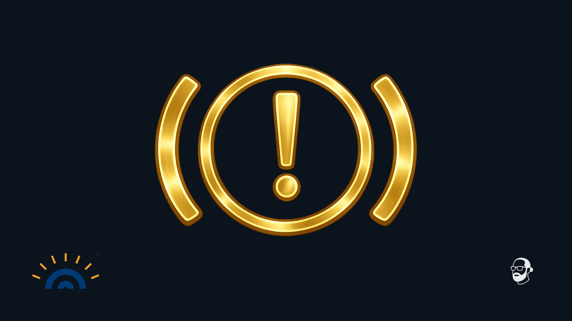 Grafik mit goldenem Handbrems-Warnsymbol (Kreis mit Ausrufezeichen und zwei Bremsbacken) auf dunkelblauem Hintergrund. Unten links das Logo Augner Seminare, unten rechts das Signet Michael Augner.