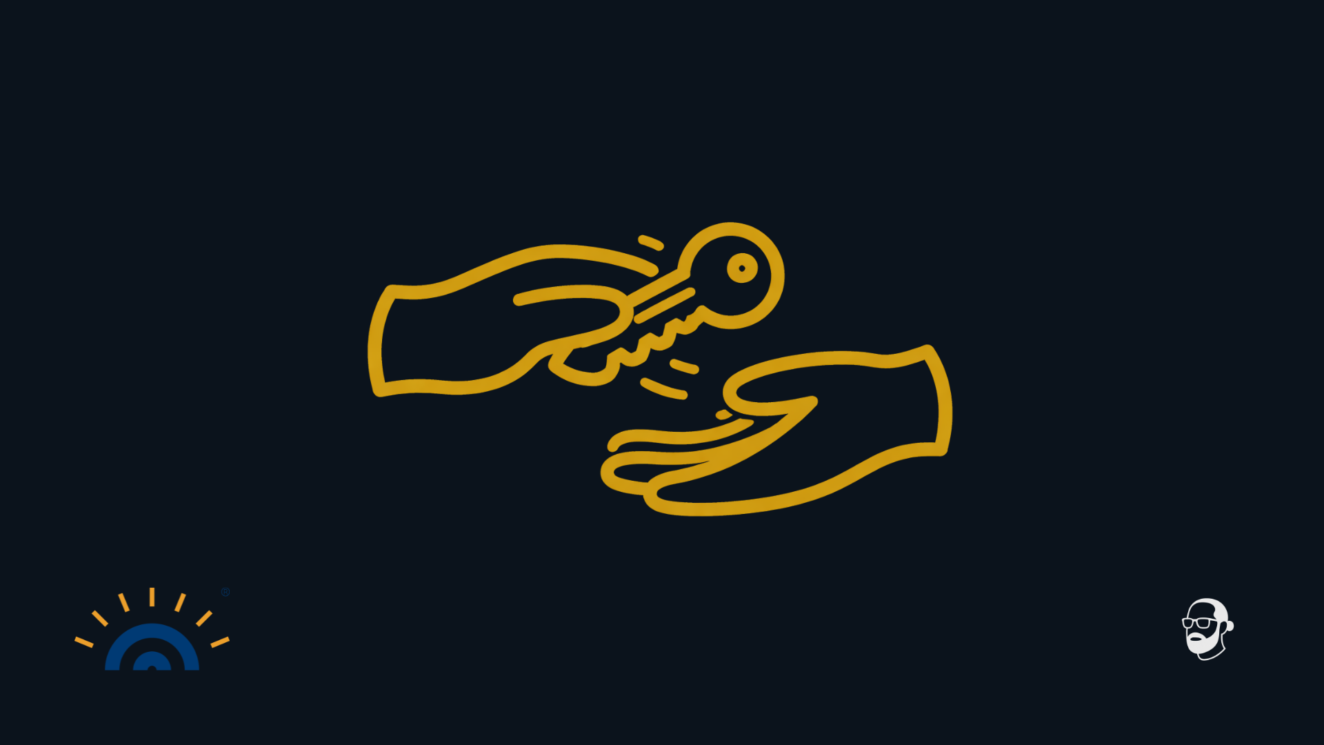 Grafik zeigt zwei stilisierte Hände, die einen Schlüssel von einer Hand in die andere übergeben, dargestellt als einfache goldene Linien auf dunkelblauem Hintergrund. Unten links das Logo Augner Seminare, unten rechts das Signet Michael Augner.