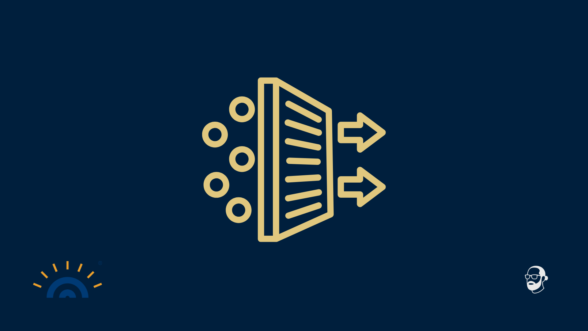 Grafik: Goldenes Filtersymbol auf dunkelblauem Hintergrund. Links mehrere Punkte, rechts wenige Pfeile. Unten links Logo Augner Seminare, unten rechts Signet von Michael Augner.