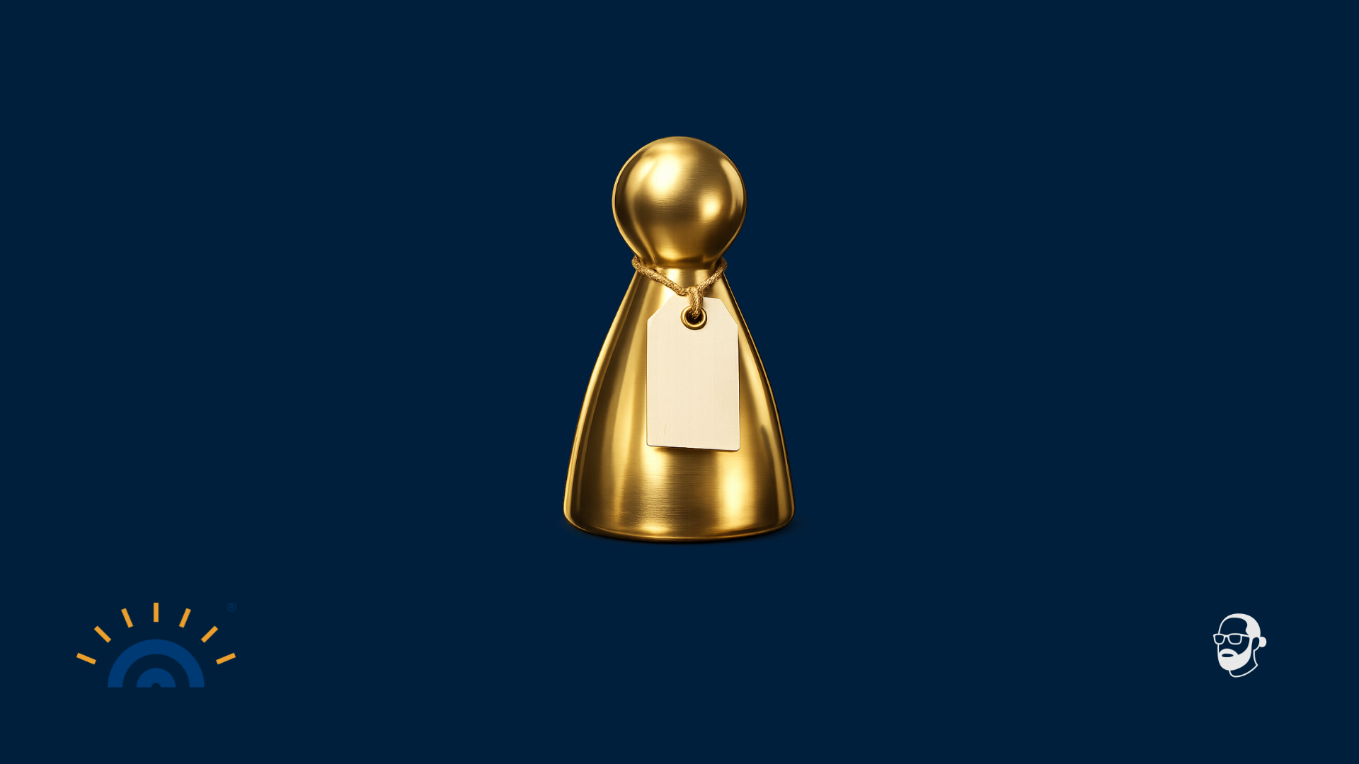 Grafik auf dunkelblauem Hintergrund mit goldener Spielfigur im Stil einer Brettspielfigur. Um den Hals hängt ein leeres Etikett. Unten links das Logo Augner Seminare, unten rechts das Signet von Michael Augner