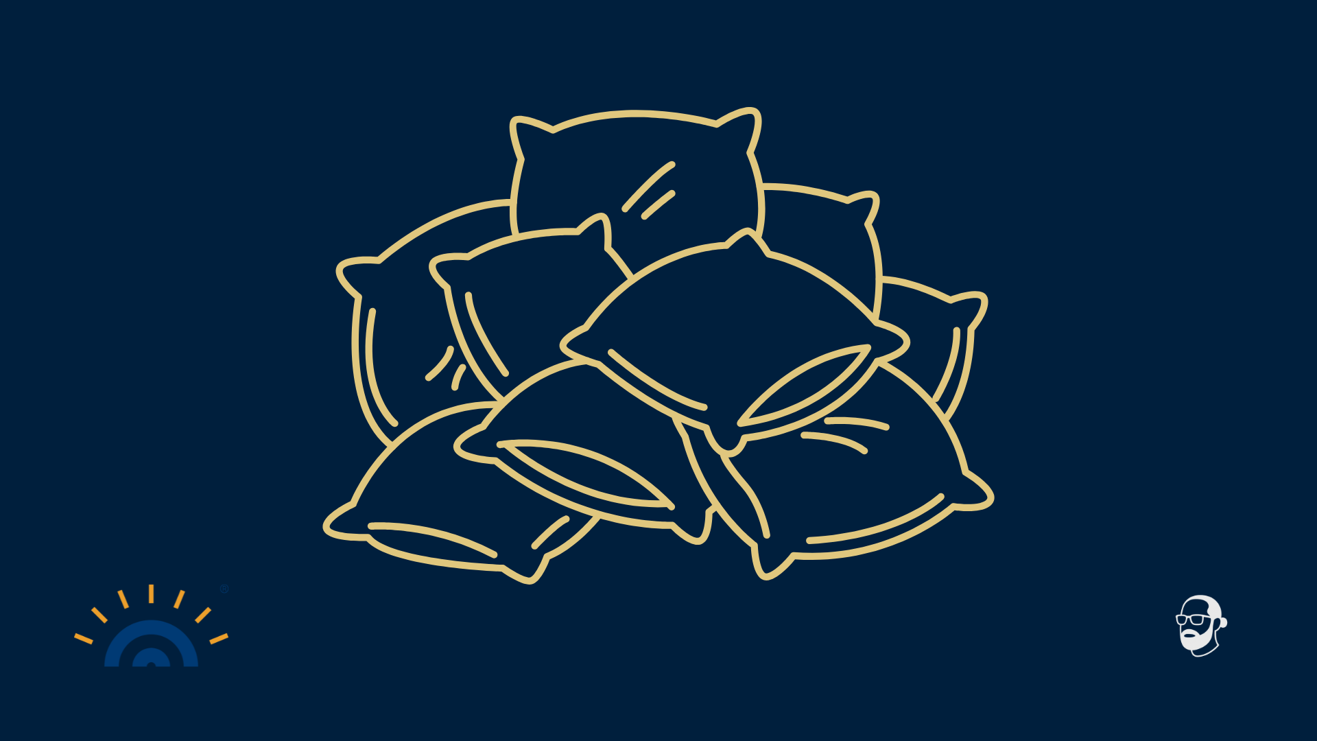 Grafik mit mehreren übereinanderliegenden Kissen in goldener Linienoptik auf dunkelblauem Hintergrund. Unten links Logo Augner Seminare, unten rechts Signet Michael Augner. Symbol für übertriebene Schonung statt klarer Führung.