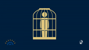 Grafik mit stilisiertem menschlichen Symbol, das in einem geschlossenen Käfig steht – symbolisiert das Gefühl, im eigenen System festzustecken. Unten links ist das Logo Augner Seminare, unten rechts das Signet von Michael Augner..