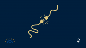 Dunkelblaues Visual mit zwei goldenen Stromsteckern, die sich gerade verbinden. Kleine Lichtimpulse markieren den Kontaktpunkt. Symbol für Verbindung als Grundlage gelingender Kommunikation. Unten links das Augner-Seminare-Logo, unten rechts das Signet von Michael Augner.