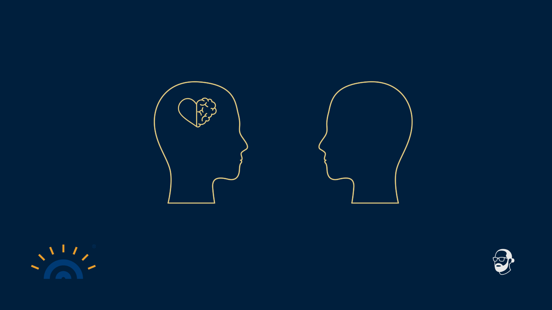 Grafik auf dunkelblauem Hintergrund mit zwei goldenen Kopf-Silhouetten im Profil, die sich einander zuwenden. Im linken Kopf ist ein kombiniertes Symbol aus Herz und Gehirn zu sehen – als Zeichen dafür, dass Wertschätzung sowohl eine Haltung als auch ein menschliches Bedürfnis ist. Der rechte Kopf ist offen und empfangsbereit. Das Visual symbolisiert das Geben und Empfangen von Wertschätzung. Unten links das Logo von Augner Seminare, unten rechts das Signet von Michael Augner.