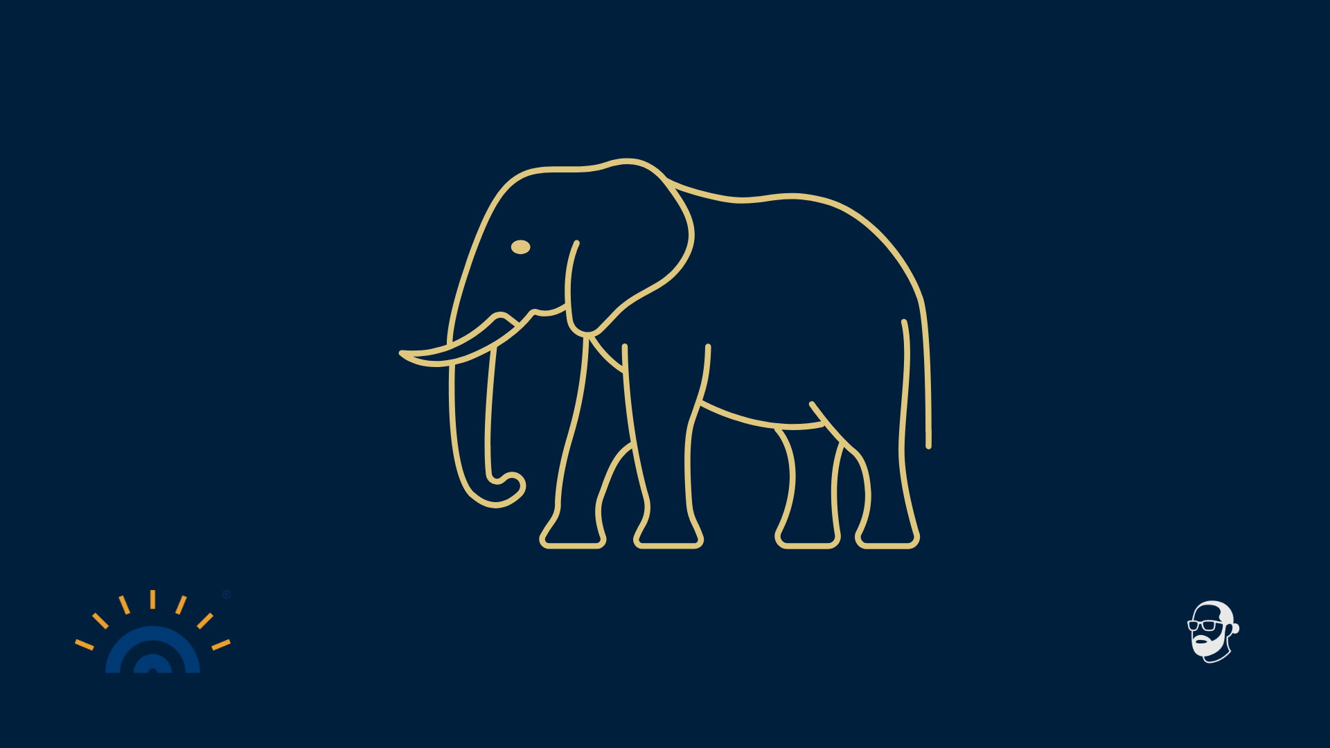 Liniengrafik eines Elefanten in Gold auf dunkelblauem Hintergrund, im Profil nach links, mit sanft geschwungenen Linien und einem goldenen Punkt als Auge. Kein Text im Bild. Unten links das Logo von Augner Seminare, unten rechts das Signet von Michael Augner.