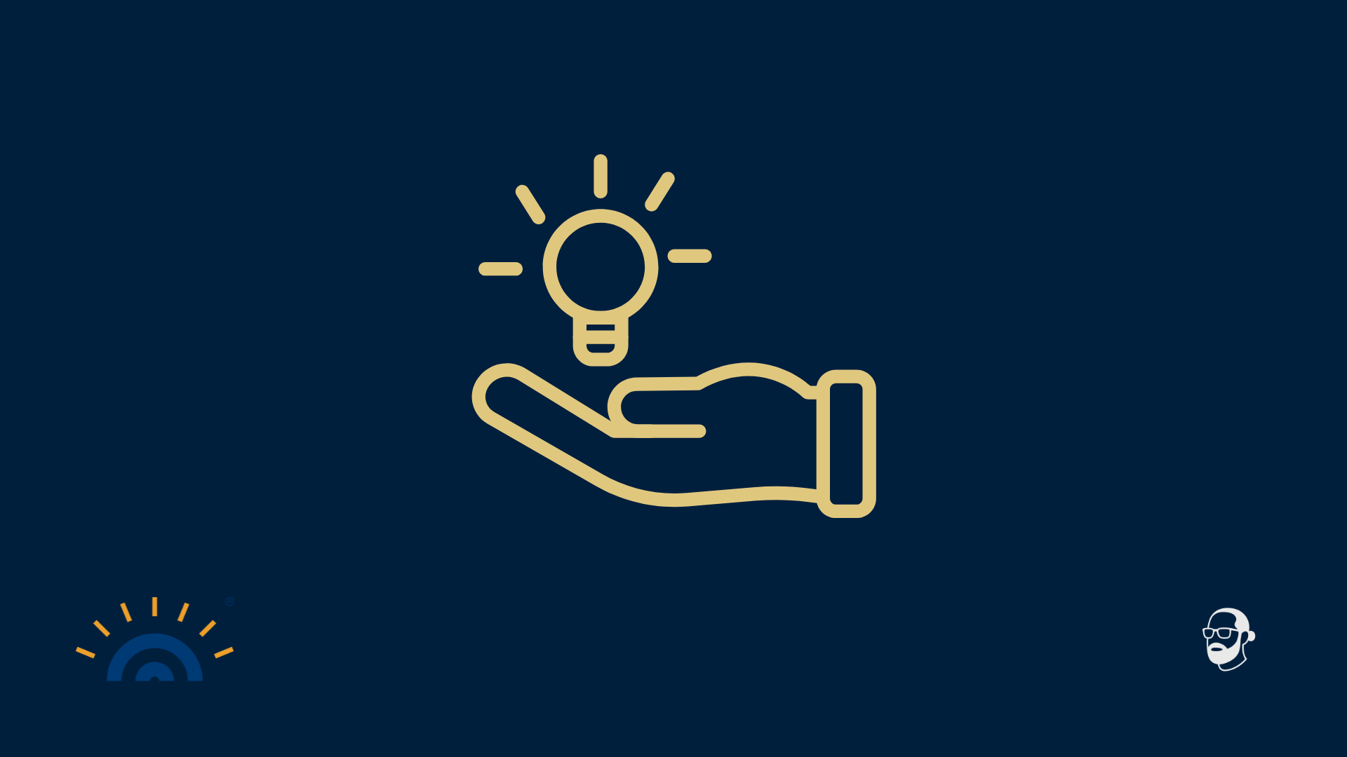 Dunkelblauer Hintergrund mit goldener Strichzeichnung: eine geöffnete Hand, darüber schwebt eine leuchtende Glühbirne, ohne dass die Hand sie festhält. Unten links das Augner-Seminare-Logo, unten rechts das Signet von Michael Augner.