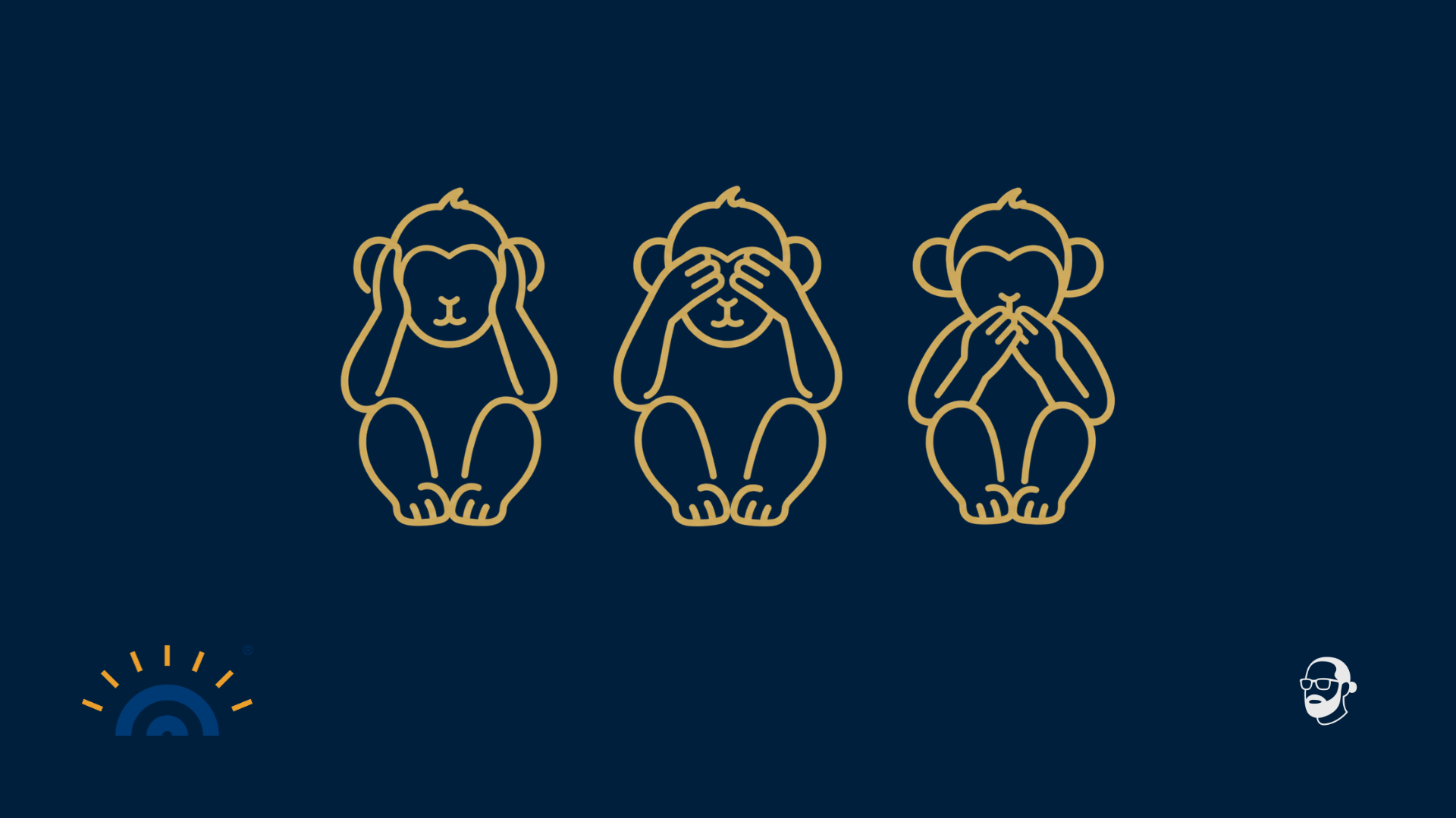 Drei goldene Linien-Illustrationen von Affen auf dunkelblauem Hintergrund: Der erste hält sich die Ohren zu, der zweite die Augen, der dritte den Mund. Sinnbild für nichts hören, nichts sehen, nichts sagen. Unten links das Logo von Augner Seminare, unten rechts das Signet von Michael Augner.