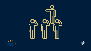 Goldene Strichfiguren auf dunkelblauem Hintergrund: Eine Figur steht erhöht und zeigt mit ausgestrecktem Arm zur Seite. Darunter stehen drei Figuren in einer Reihe und salutieren. Unten links das Logo von Augner Seminare, unten rechts das Signet von Michael Augner.