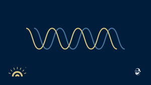 Zwei Sinuswellen auf dunkelblauem Hintergrund: eine goldene und eine blaue Welle mit gleicher Form, die gegeneinander versetzt verlaufen. Unten links das goldene Logo von Augner Seminare, unten rechts das Signet mit dem gezeichneten Porträt von Michael Augner.